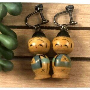 Vintage Wood Kokeshi Dolls Screw Back Earrings Japanese Hand Painted 1940 Rare